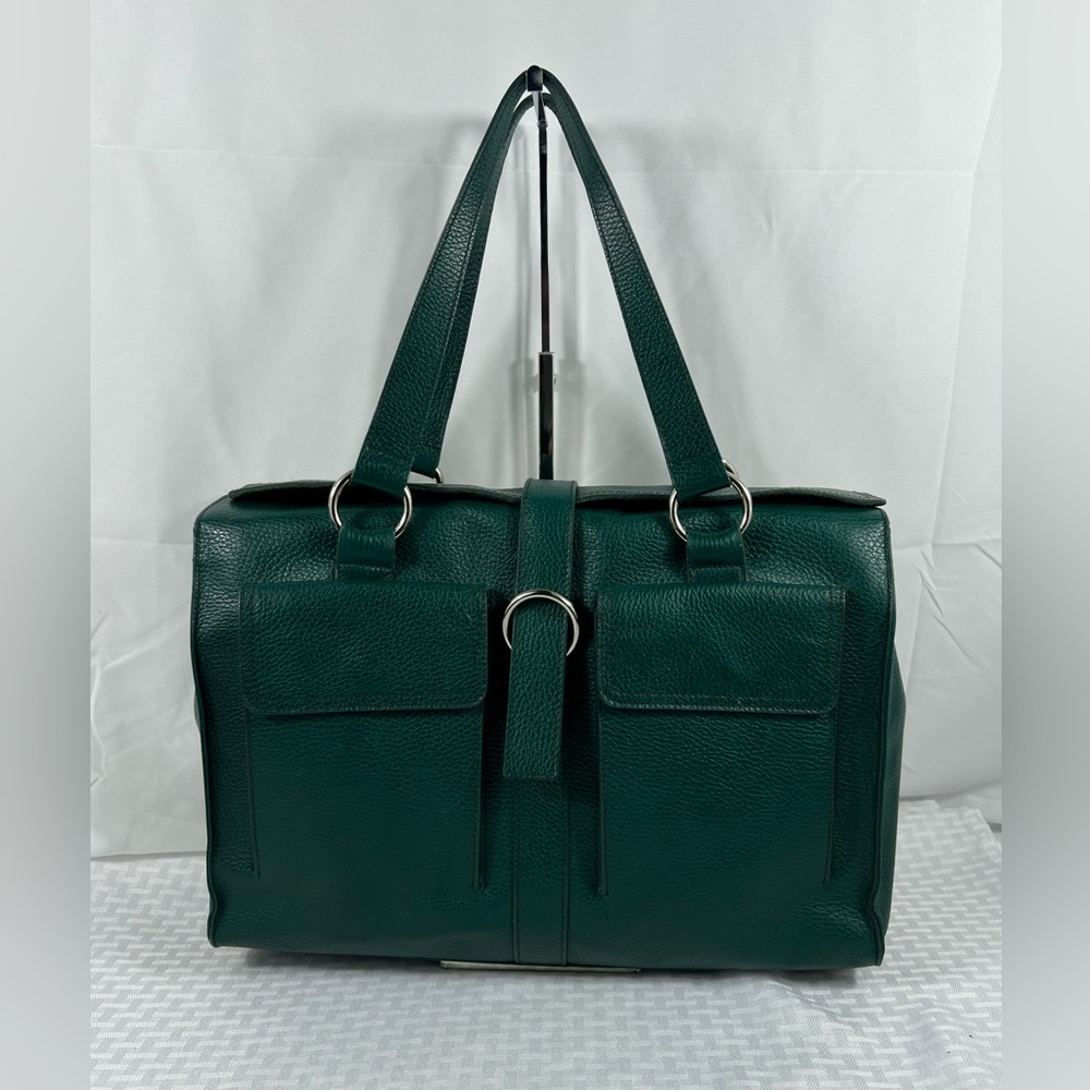 4129: Furla Emerald Green Pebbled Leather Business Tote Made in Italy